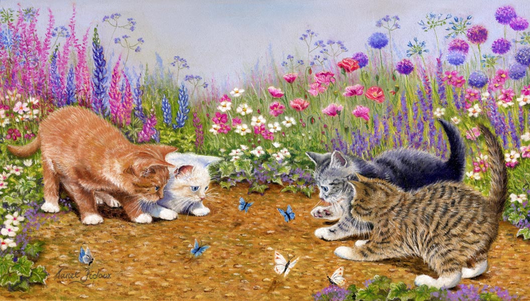 Рассказ по картине кошка с котятами. Английская художница Janet Pidoux. Картина для рассматривания кошка с котятами. Сюжетная картина кошка с котятами. Кошка с котятами Веретенникова.